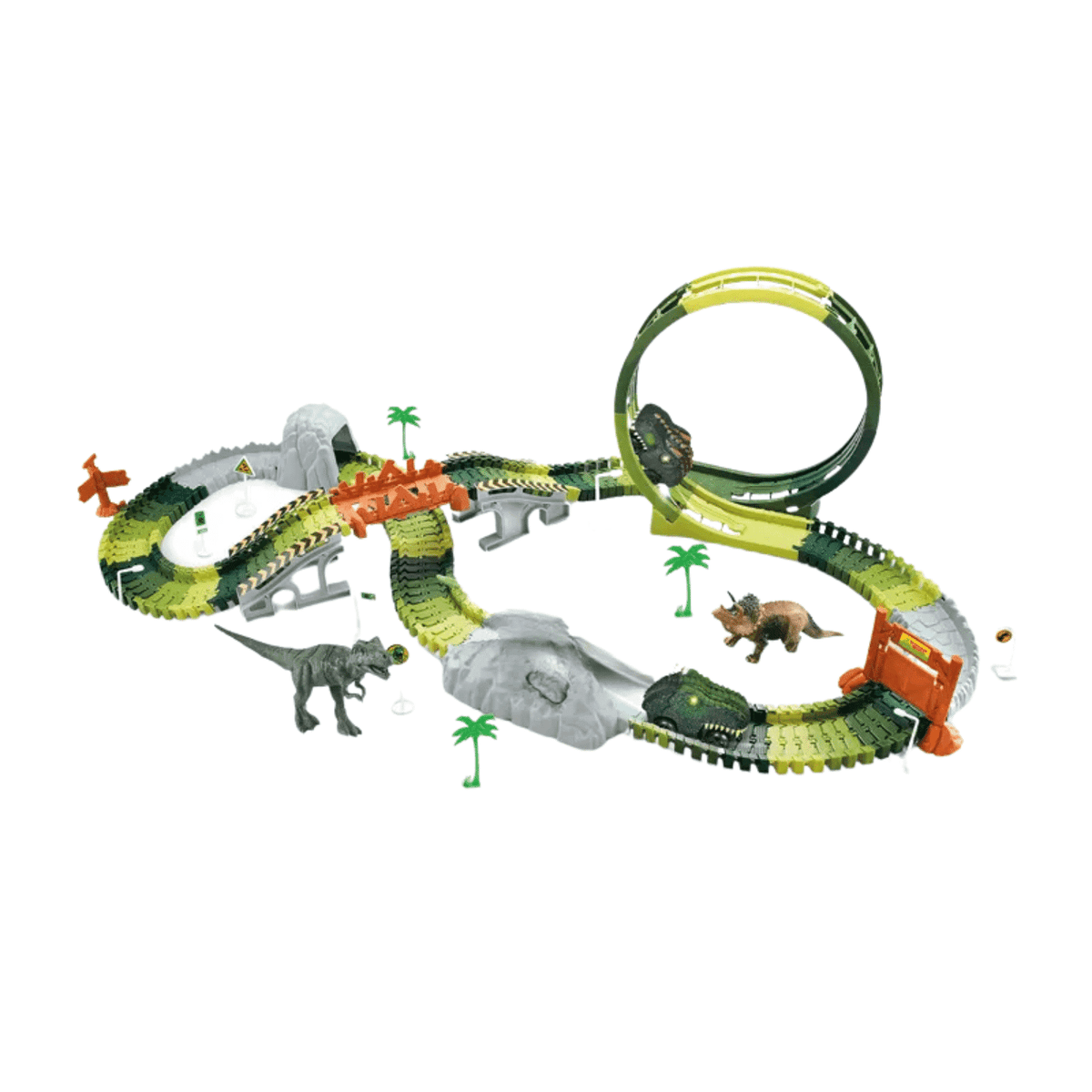 Set interactiv DIY, Pista de Curse Dino Park cu Masinuta Electrica, 132 Piese, 2 Dinozauri, Diferite Accesorii, Lumini si Sunete, 110x48x23 Cm + 3 Ani - LUDIRO