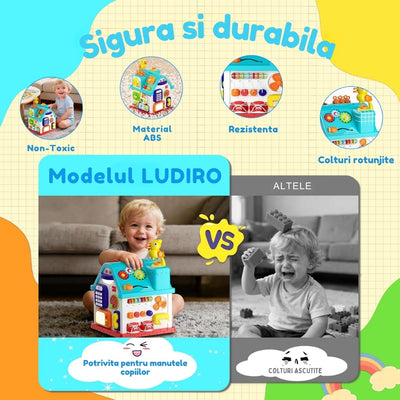 Resigilat - Căsuță Interactivă Montessori 20 în 1 pentru Bebeluși, Centru de Activități Educativ cu Muzică, Lumini, Telefon, Sortator și Joc Prindere Păsări, Fără BPA, 6-36 Luni - LUDIRO