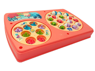 Resigilat - Set Interactiv 2 in 1, Joc Pescuit cu 15 Pestisori si 2 Undite, Joc Whack A Mole cu 8 Cartite si 2 Ciocanele, Cadru Rotativ, Sunete, 28x18x4 Cm, Roz, + 3 Ani - LUDIRO