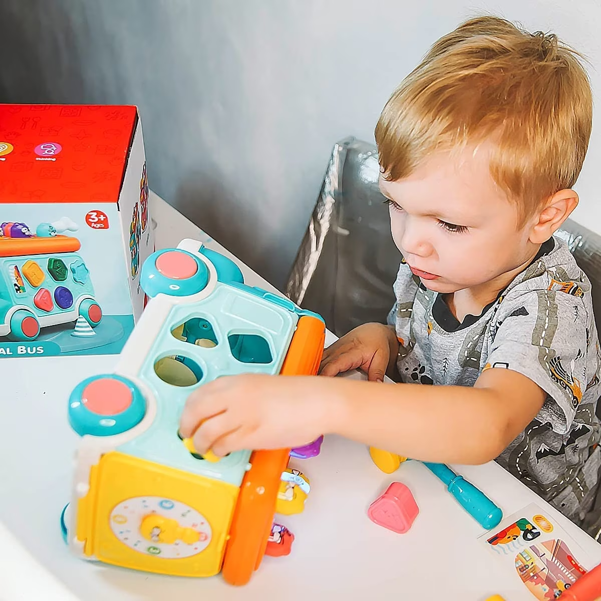 Resigilat - Jucarie Interactiva, Autobuz Multifunctional cu Activitati, 6 Functii Educative, Sunete si Lumini, 23x15x15 Cm, Albastru Portocaliu, + 3 Ani - LUDIRO