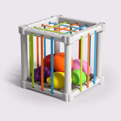 Jucarie Educativa pentru Bebelusi, Cub Elastic cu Fructe, 6 Forme din Plastic Multicolor, Dezvoltare Abilitati Motorii si Cognitive pentru Copii Mici, 11.5x11.5x11.5 Cm, + 1 An - LUDIRO