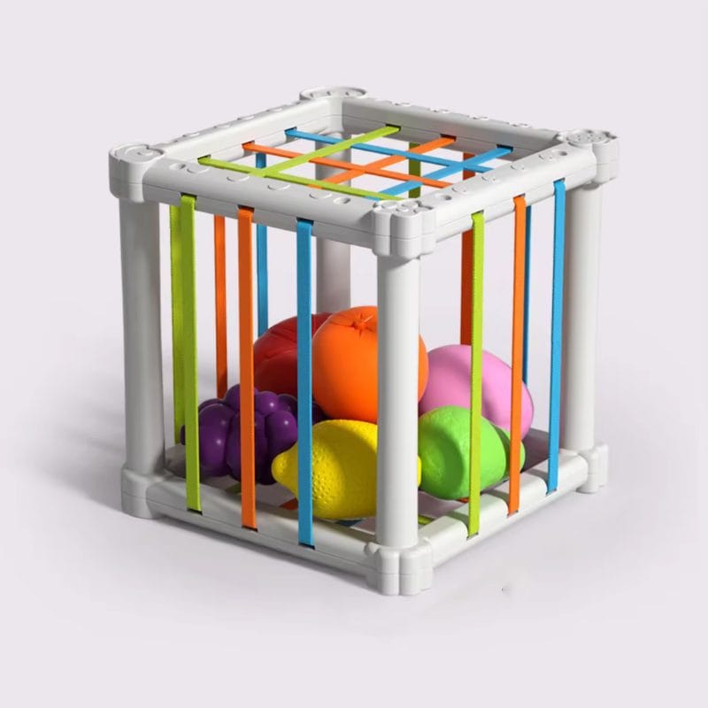 Jucarie Educativa pentru Bebelusi, Cub Elastic cu Fructe, 6 Forme din Plastic Multicolor, Dezvoltare Abilitati Motorii si Cognitive pentru Copii Mici, 11.5x11.5x11.5 Cm, + 1 An - LUDIRO
