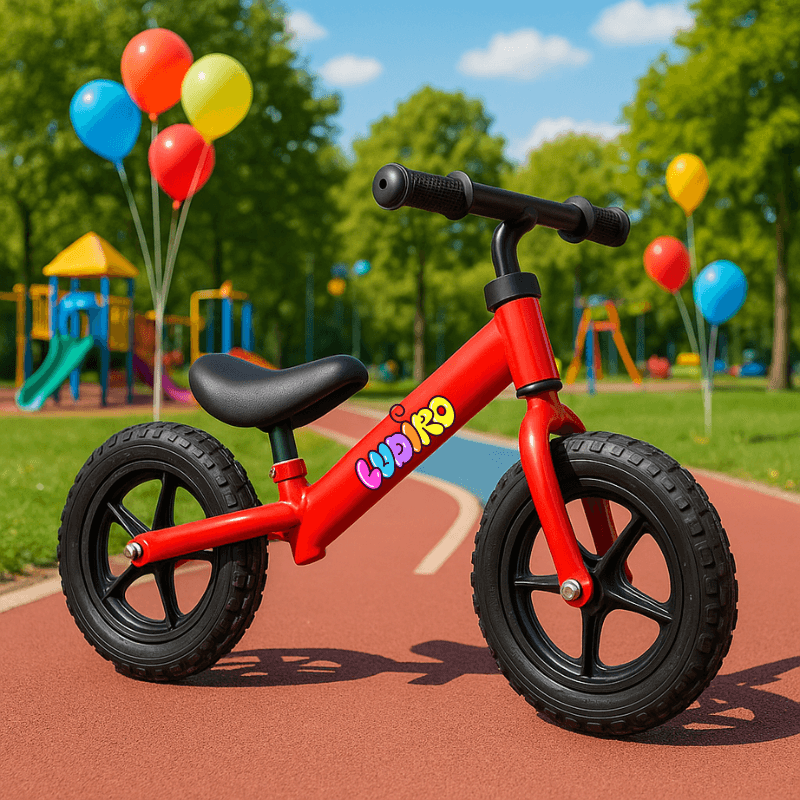 Resigilat - Bicicleta de Echilibru fara Pedale LUDIRO pentru Copii intre 2-5 Ani, Reglabila pe Inaltime, Rotire Ghidon 360 Grade, Roti din Polimer Antisoc Diametru 30 Cm, Cadru Metalic, Rosu - LUDIRO