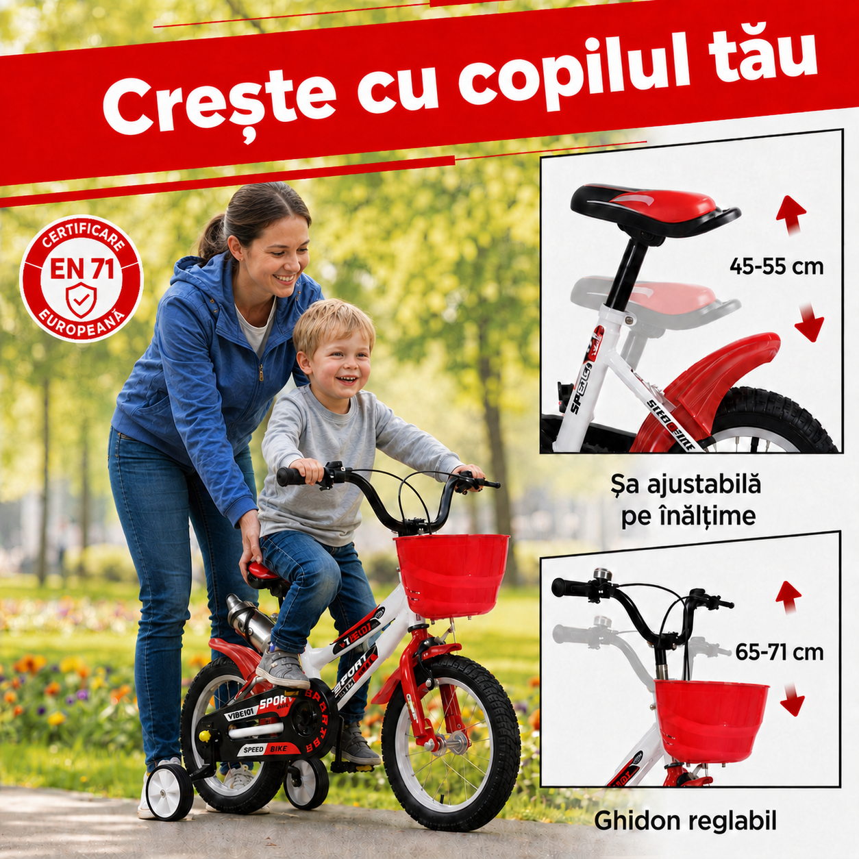 Bicicletă copii 12 inch Speed LUDIRO, alb-roșu, cu roți ajutătoare, coș și bidon, 2-5 ani - LUDIRO