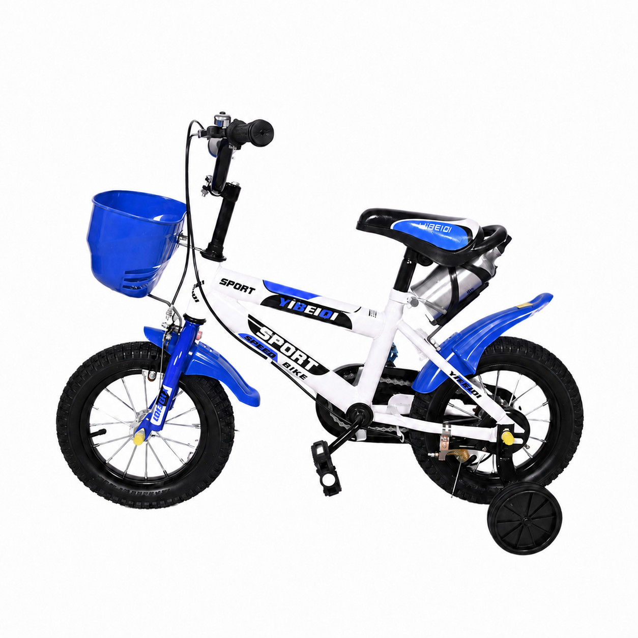 Bicicletă albastră LUDIRO pentru copii, cu roți ajutătoare, coș frontal, apărători și protecție pentru lanț.