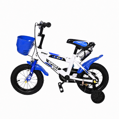 Bicicletă albastră LUDIRO pentru copii, cu roți ajutătoare, coș frontal, apărători și protecție pentru lanț.