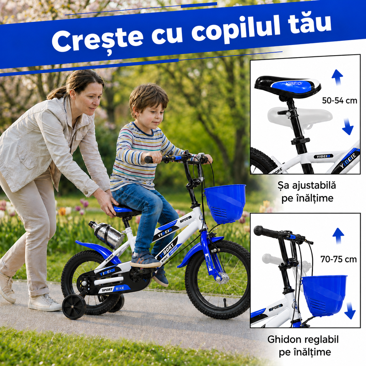 Copil pe bicicleta LUDIRO de 14 inch, alb-albastră, asistat de mamă, cu șa reglabilă între 50 și 54 cm și ghidon reglabil între 70 și 75 cm.