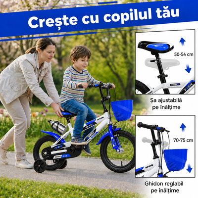 Copil pe bicicleta LUDIRO de 14 inch, alb-albastră, asistat de mamă, cu șa reglabilă între 50 și 54 cm și ghidon reglabil între 70 și 75 cm.