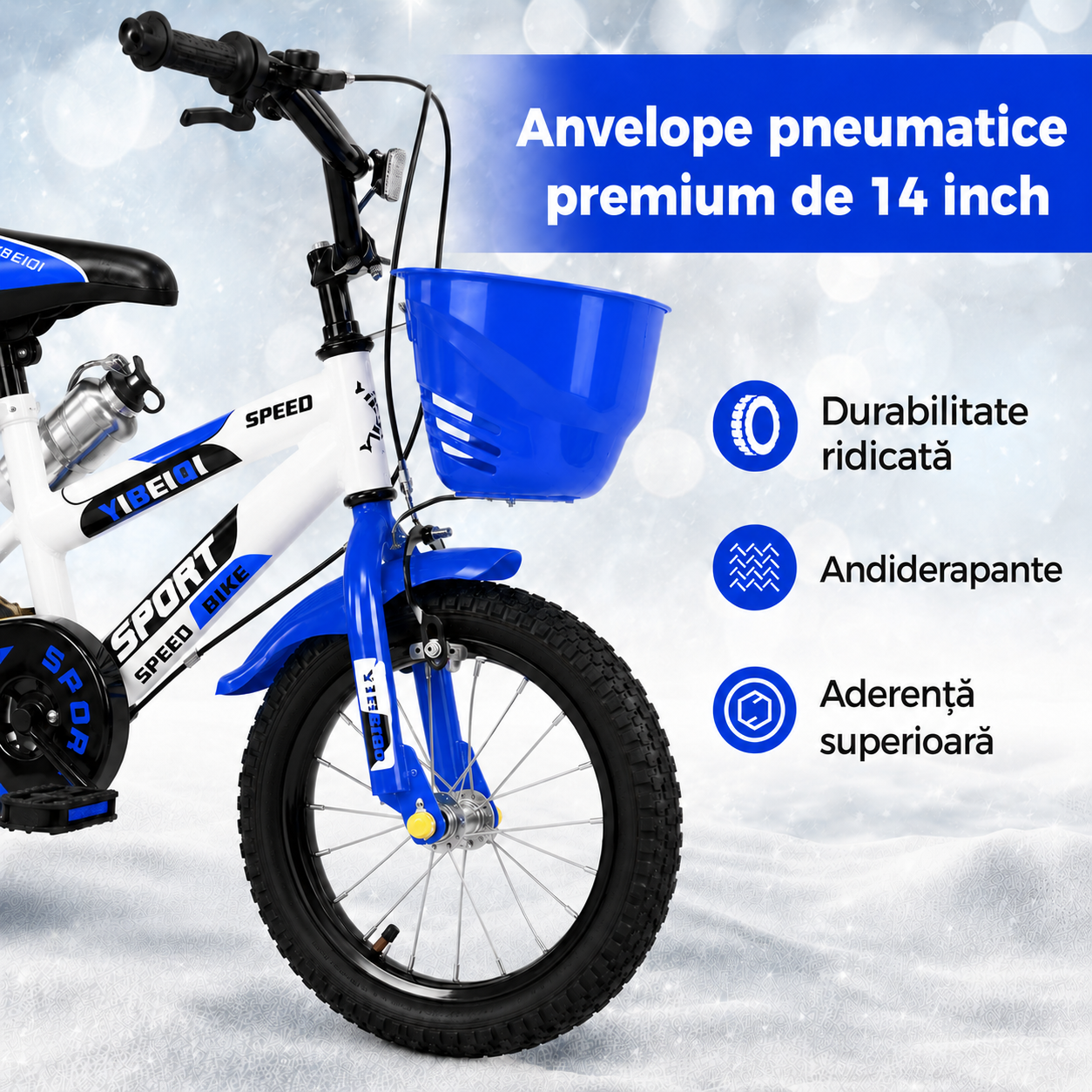 Anvelopă pneumatică de 14 inch a bicicletei LUDIRO, cu profil antiderapant, durabilitate ridicată și aderență superioară.
