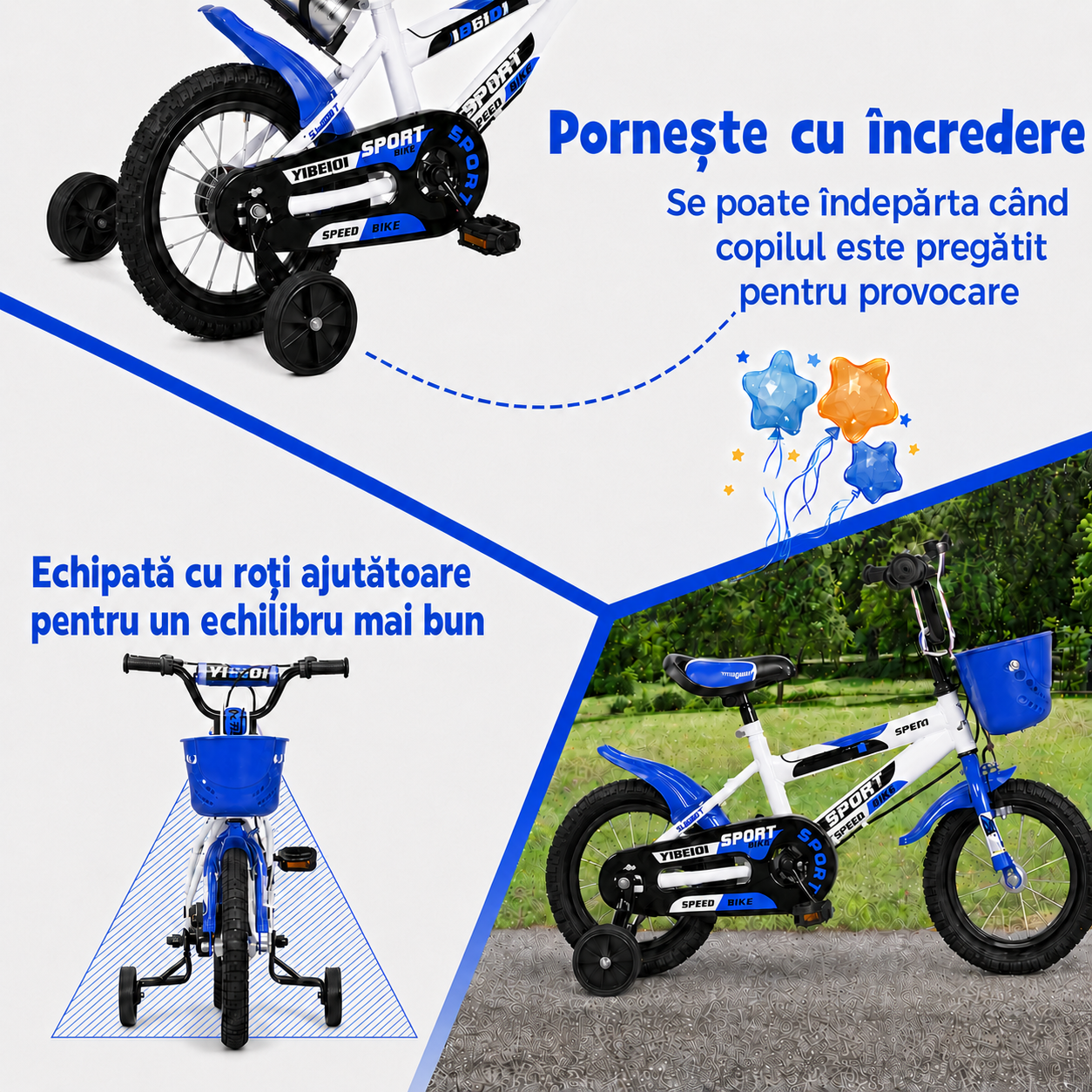 Bicicletă pentru copii LUDIRO de 14 inch, echipată cu roți ajutătoare detașabile pentru stabilitate și învățarea echilibrului.