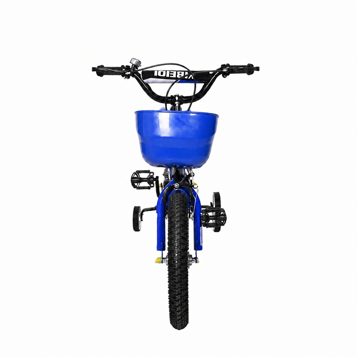 Vedere frontală a bicicletei pentru copii LUDIRO de 14 inch, alb-albastră, cu coș frontal și roți ajutătoare.