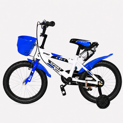 Bicicletă pentru copii Ludiro Speed de 16 inch, alb-albastru, văzută lateral, cu coș frontal, bidon și roți ajutătoare.