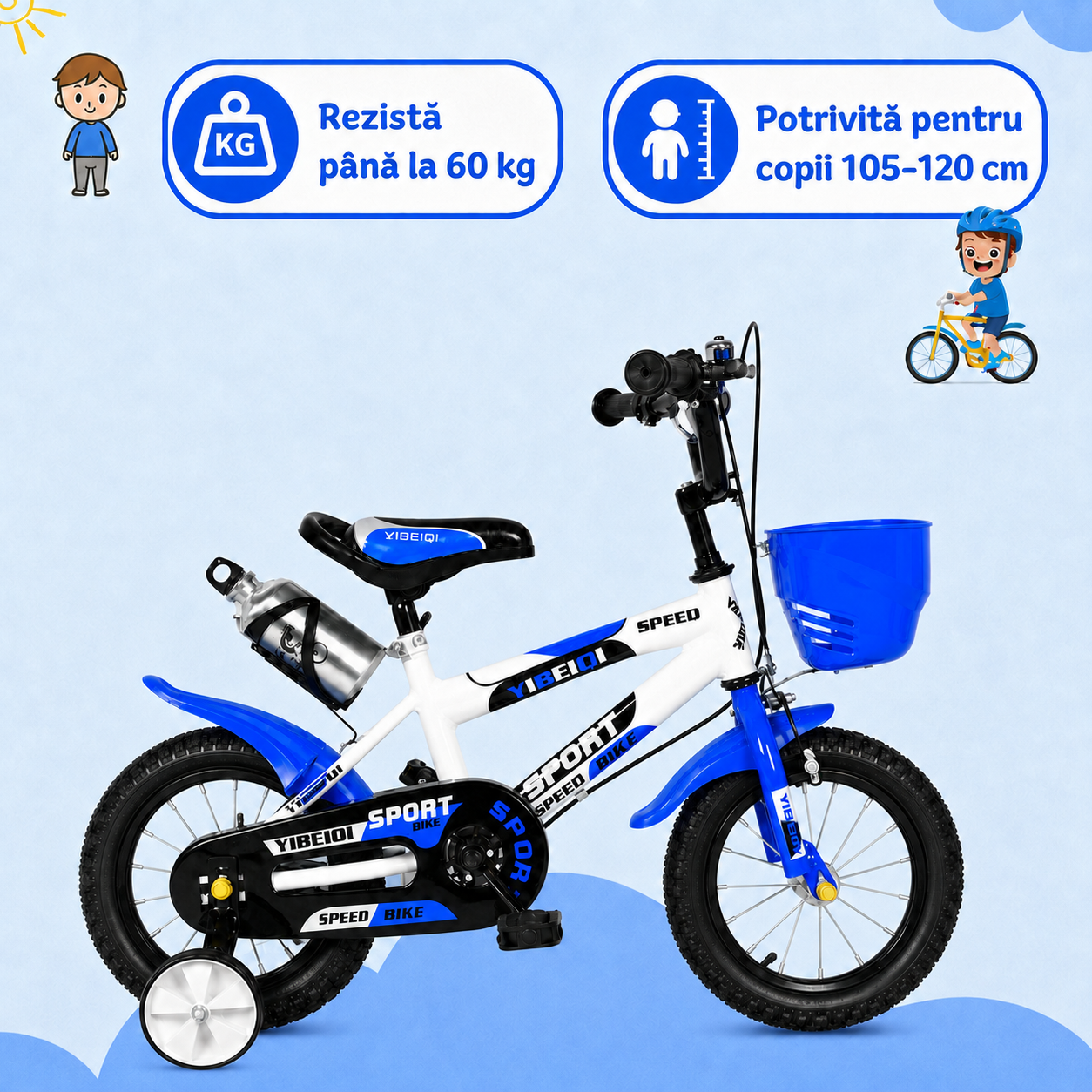 Infografic cu bicicleta Ludiro alb-albastru de 16 inch, rezistenta pana la 60 kg si potrivita copiilor cu inaltimea de 105-120 cm.