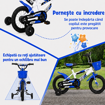 Bicicleta Ludiro alb-albastru de 16 inch, echipata cu roti ajutatoare detasabile pentru stabilitate si echilibru.