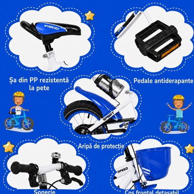 Detalii ale bicicletei Ludiro de 16 inch: sa din PP, pedale antiderapante, aripa de protectie, sonerie si cos frontal detasabil.