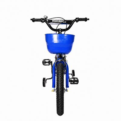 Vedere frontala a bicicletei Ludiro alb-albastru de 16 inch, cu cos frontal si roti ajutatoare.