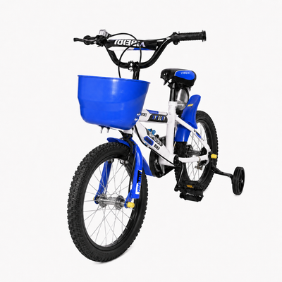 Bicicleta Ludiro Speed alb-albastru de 16 inch, prezentata din fata si lateral, cu cos, bidon si roti ajutatoare.