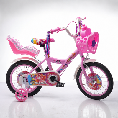 Bicicletă fete 14 inch LUDIRO, roz, cu roți ajutătoare, coș și scaun pentru păpușă
