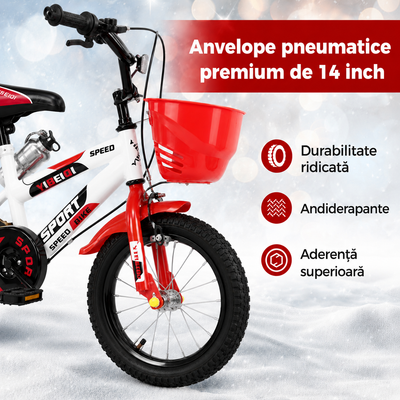 Bicicleta pentru copii Ludiro 14 inch pentru 3–6 Ani, alb rosu, cu roti ajutatoare, coș frontal și bidon - LUDIRO