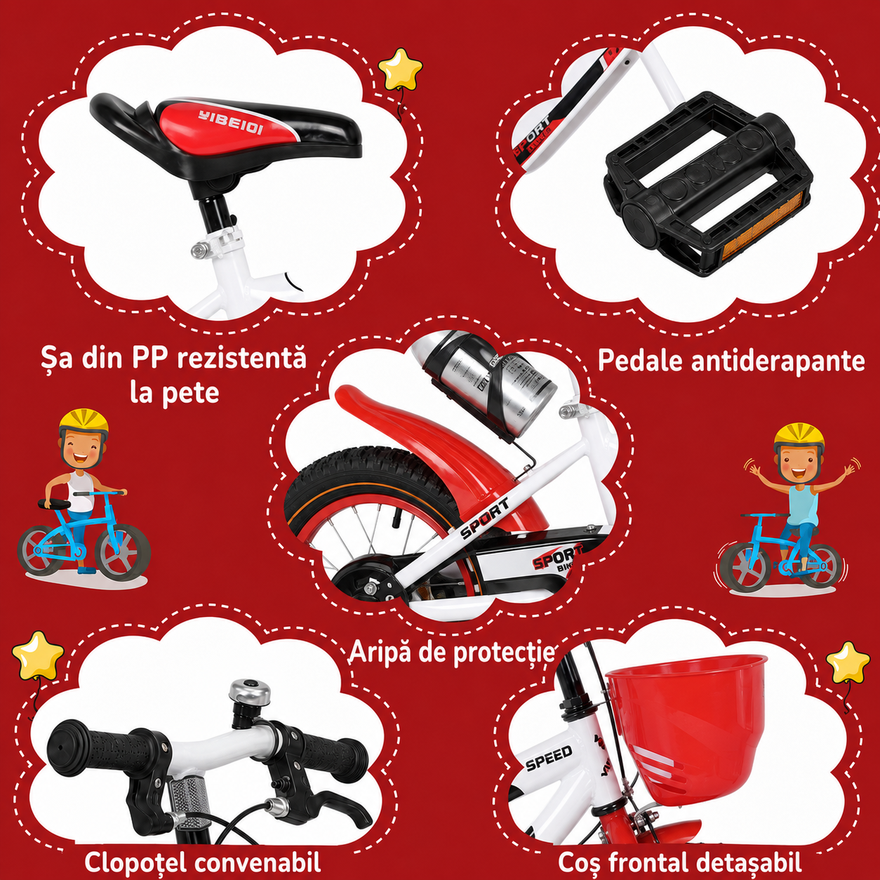 Bicicleta pentru copii Ludiro 14 inch pentru 3–6 Ani, alb rosu, cu roti ajutatoare, coș frontal și bidon - LUDIRO