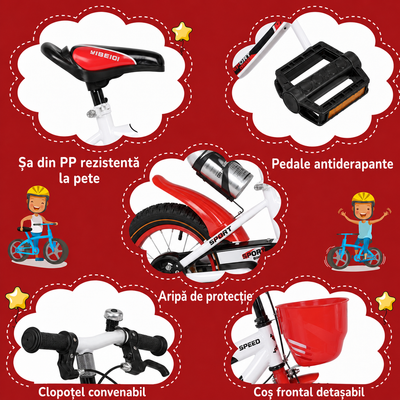 Bicicleta pentru copii Ludiro 14 inch pentru 3–6 Ani, alb rosu, cu roti ajutatoare, coș frontal și bidon - LUDIRO
