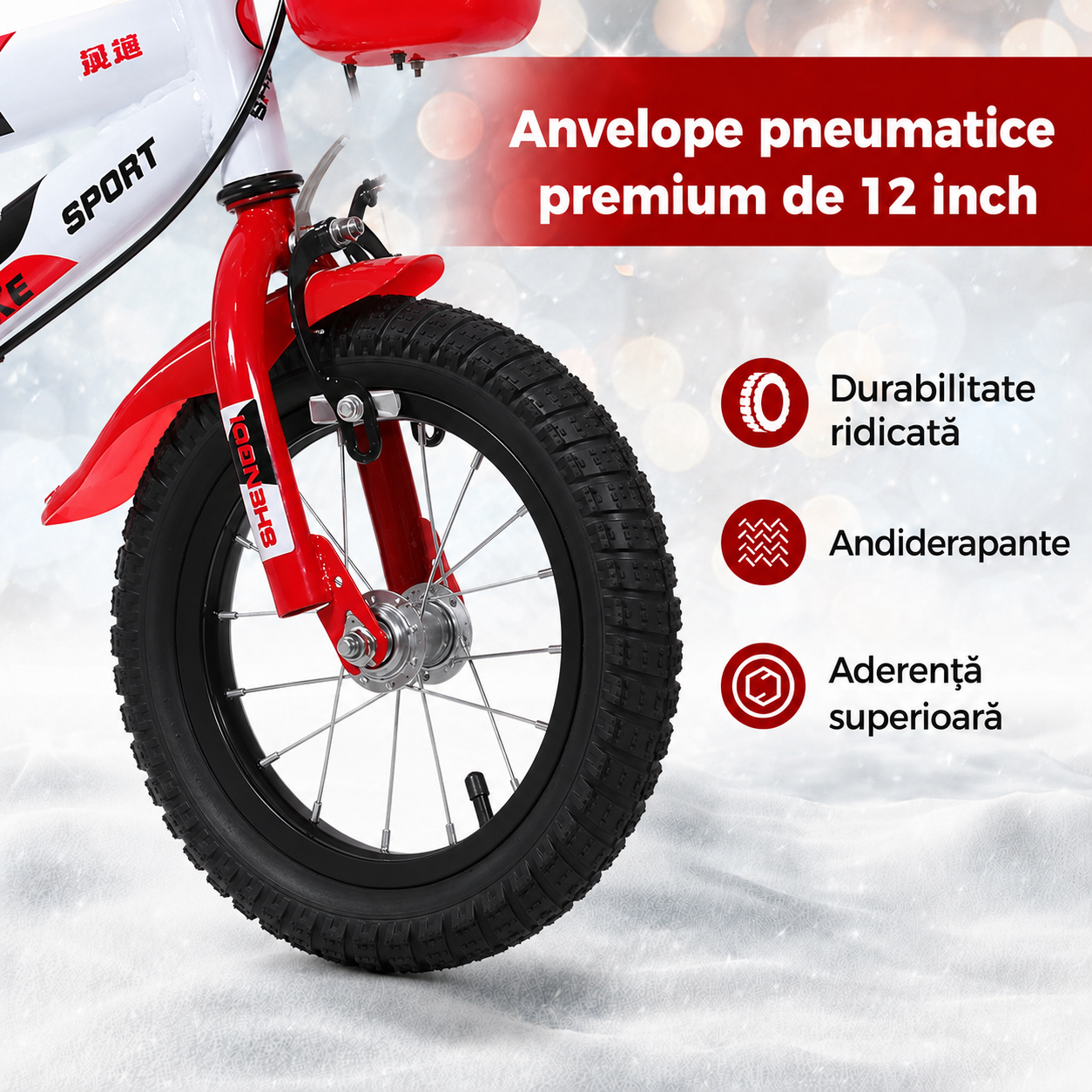 Bicicletă copii 12 inch Speed LUDIRO, alb-roșu, cu roți ajutătoare, coș și bidon, 2-5 ani - LUDIRO