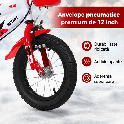 Bicicletă copii 12 inch Speed LUDIRO, alb-roșu, cu roți ajutătoare, coș și bidon, 2-5 ani - LUDIRO