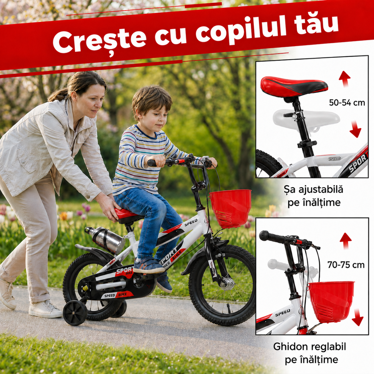 Bicicleta pentru copii Ludiro 14 inch pentru 3–6 Ani, alb rosu, cu roti ajutatoare, coș frontal și bidon - LUDIRO