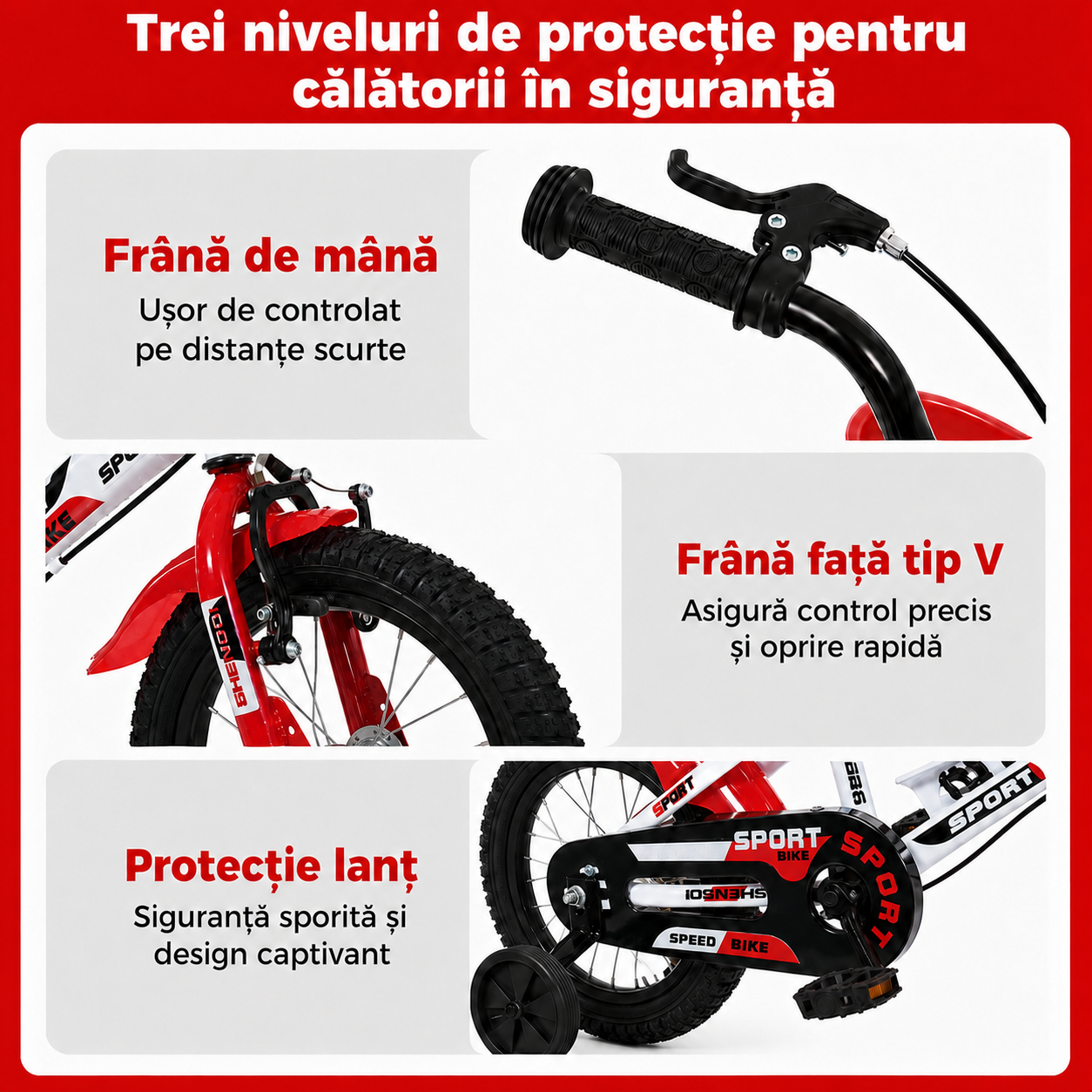 Bicicleta pentru copii Ludiro 14 inch pentru 3–6 Ani, alb rosu, cu roti ajutatoare, coș frontal și bidon - LUDIRO