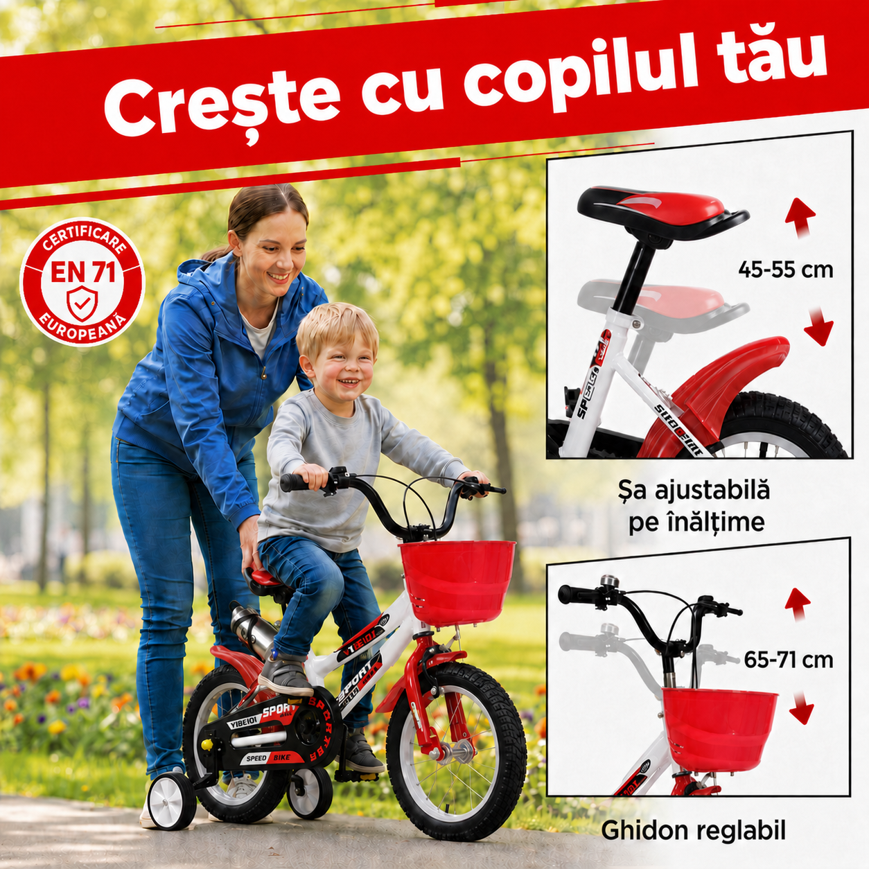 Bicicletă copii 12 inch Speed LUDIRO, alb-roșu, cu roți ajutătoare, coș și bidon, 2-5 ani - LUDIRO