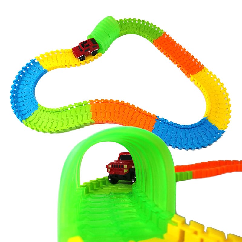 Set Circuit Auto, 1 Masina Interactiva, 169 Piese, Multiple Modalitati de Asamblare, Rampa Manuala, Straluceste in Intuneric, Lungime Totala 390 Cm, + 3 Ani - LUDIRO