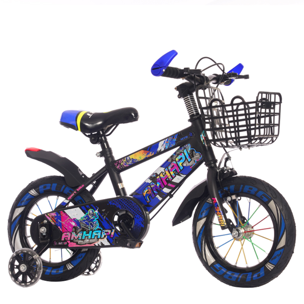 Bicicletă Copii 16 Inch MTB Graffiti – Negru/Albastru, cu Roți LED și Coș Metalic | 4–8 Ani - LUDIRO