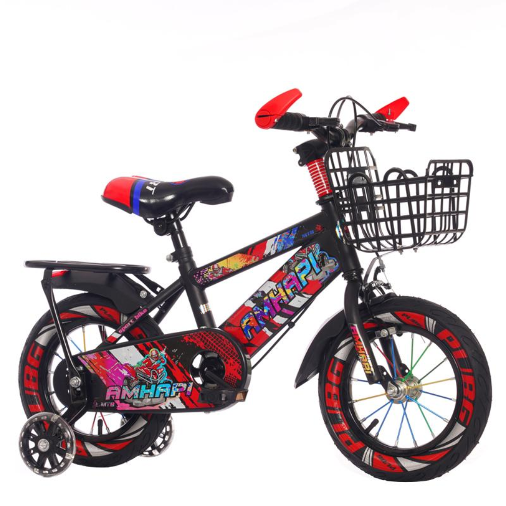 Bicicletă Copii 16 Inch MTB Graffiti – Negru/Roșu, cu Roți LED și Coș Metalic | 4–8 Ani - LUDIRO