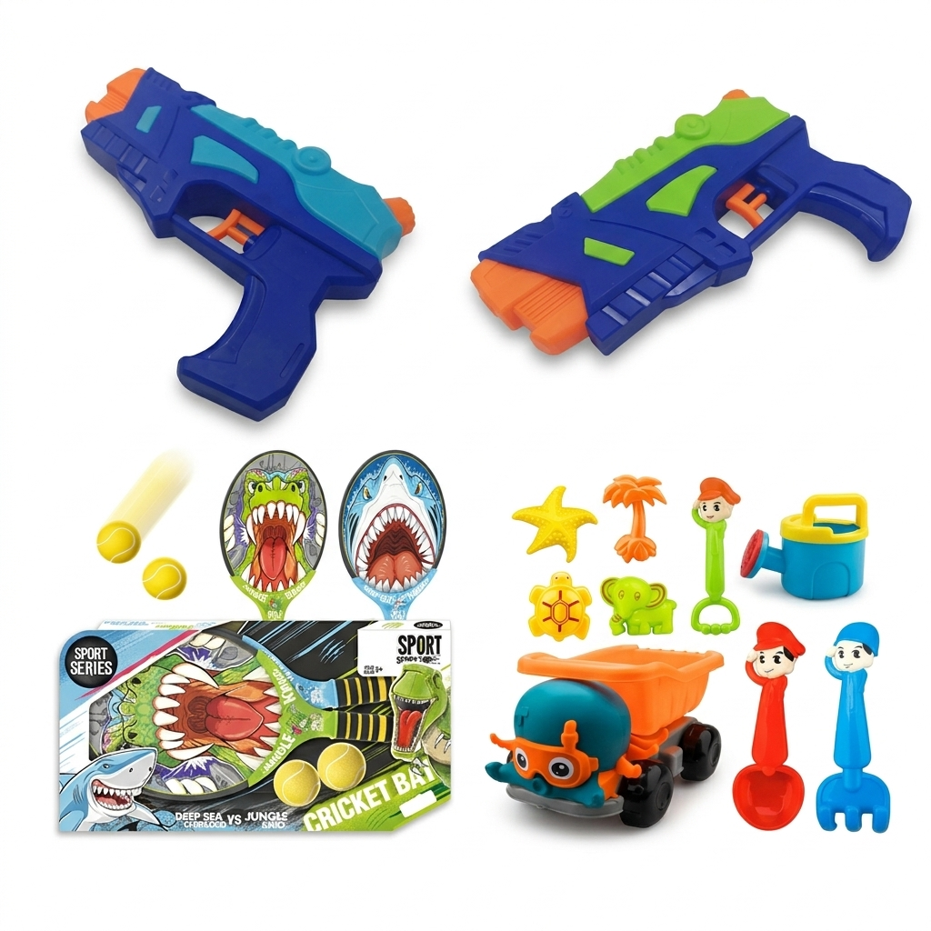 Pachet Distracție Vară pentru Copii – Set Palete Rechin vs Dinozaur cu 2 Mingi + Set 8 Piese Plajă cu Camion și Caracatiță + 2 Pistoluri cu Apă cu Rezervor (Verde și Bleu) |+Plaja - LUDIRO
