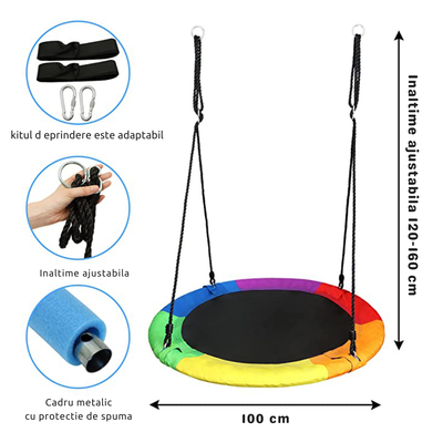 Leagan rotund tip cuib pentru copii, 100 cm, franghii reglabile, cadru metalic cu protecție din spuma, max. 200 kg - LUDIRO
