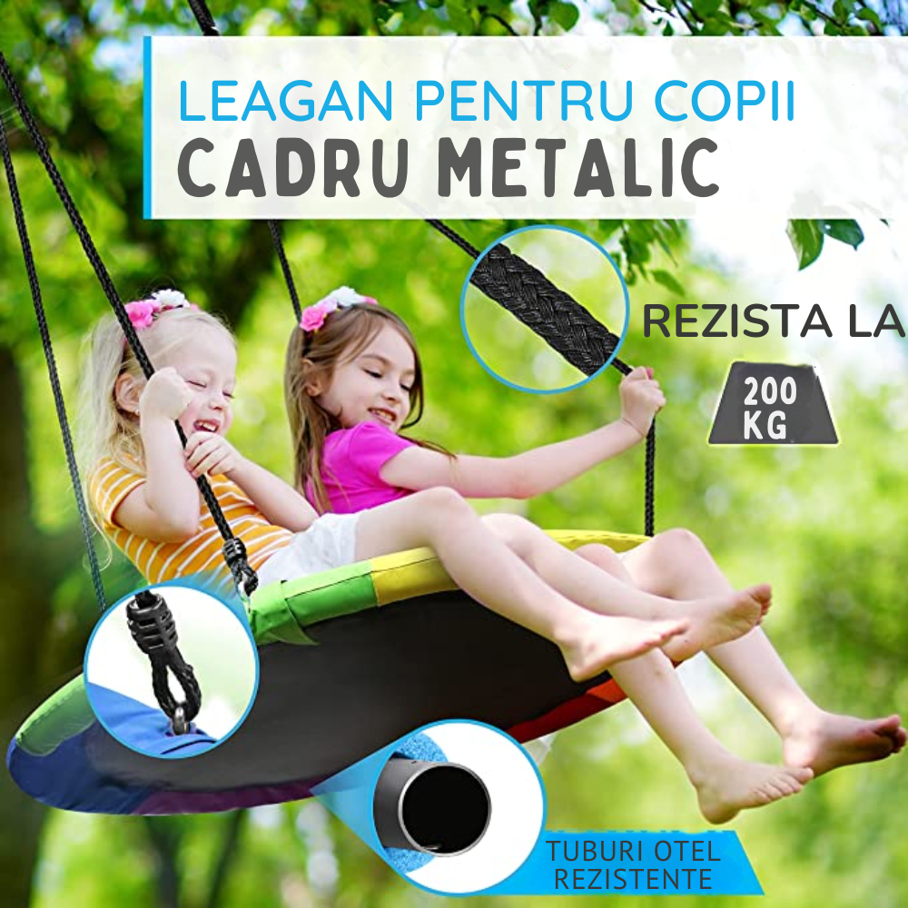 Leagan rotund tip cuib pentru copii, 100 cm, franghii reglabile, cadru metalic cu protecție din spuma, max. 200 kg - LUDIRO