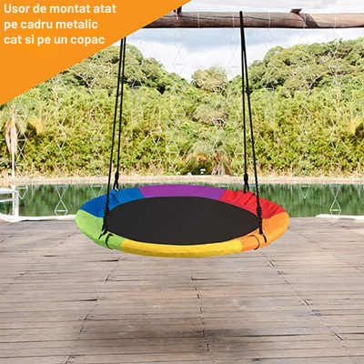 Leagan rotund tip cuib pentru copii, 100 cm, franghii reglabile, cadru metalic cu protecție din spuma, max. 200 kg - LUDIRO