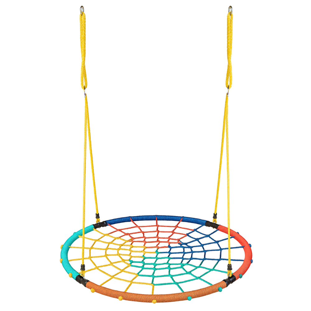 Leagăn rotund tip cuib din frânghii pentru copii, 100 cm, reglabil 120–180 cm, cadru din oțel, max. 150 kg - LUDIRO