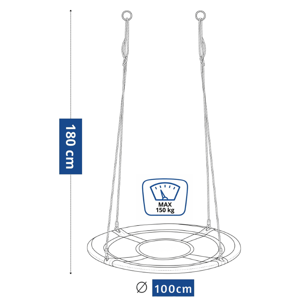 Leagăn rotund tip cuib din frânghii pentru copii, 100 cm, reglabil 120–180 cm, cadru din oțel, max. 150 kg - LUDIRO