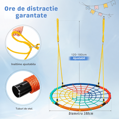 Leagăn rotund tip cuib din frânghii pentru copii, 100 cm, reglabil 120–180 cm, cadru din oțel, max. 150 kg - LUDIRO