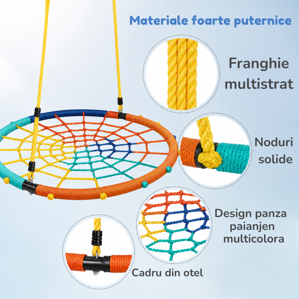 Leagăn rotund tip cuib din frânghii pentru copii, 100 cm, reglabil 120–180 cm, cadru din oțel, max. 150 kg - LUDIRO