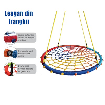 Leagăn rotund tip cuib din frânghii pentru copii, 100 cm, reglabil 120–180 cm, cadru din oțel, max. 150 kg - LUDIRO