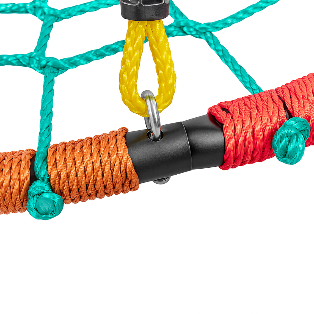 Leagăn rotund tip cuib din frânghii pentru copii, 100 cm, reglabil 120–180 cm, cadru din oțel, max. 150 kg - LUDIRO