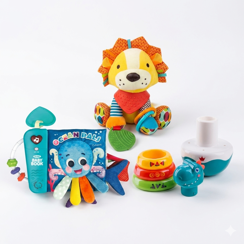 Pachet Jucării Educative Bebeluș – Leu Senzorial + Carte Muzicală Ocean + Dinozaur Hopa Mitică | 0-12 Luni - LUDIRO