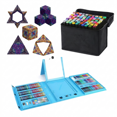 Pachet Creativitate & Logică pentru Copii – Set 80 Markere Profesionale + Set 208 Piese Pictură & Desen + Cubul Magic Puzzle 3D 72 Forme | +10 ANI - LUDIRO