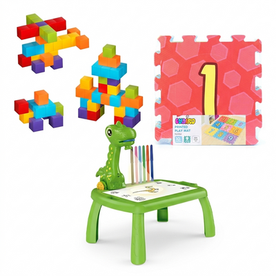 Pachet Jucării Educative Copii – Covor Puzzle Cifre 1-9 + Set 48 Cuburi Magnetice 3D STEM + Măsuță Desen cu Proiector Holografic Dinozaur | 3–4 ANI - LUDIRO