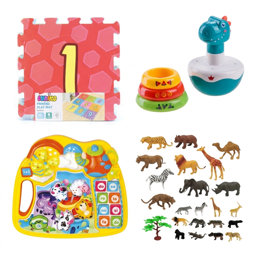 Pachet Jucării Educative Bebeluș & Copil Mic – Dinozaur Hopa Mitică + Covor Puzzle Cifre 1-9 + Set 23 Animale Sălbatice + Pian Interactiv Ferma Animalelor | 1–2 ANI - LUDIRO