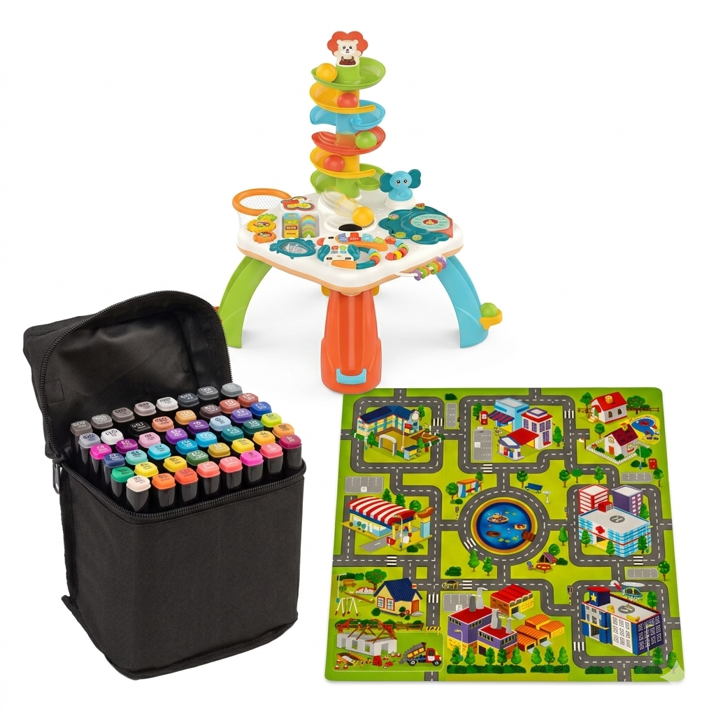 Pachet Jucării Educative Copii – Măsuță Educativă Multifuncțională cu Pian, Bile, Sunete + Covor Puzzle Harta Orașului + Set 48 Markere Profesionale | 3–4 ANI - LUDIRO