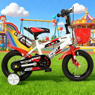 Bicicleta pentru Copii 14 Inch pentru 3–6 Ani, Alb Rosu, cu Roti Ajutatoare - LUDIRO