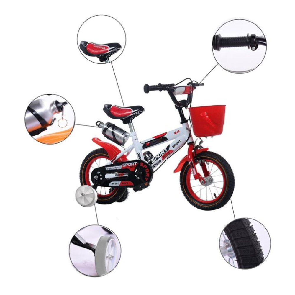 Bicicleta pentru Copii 14 Inch pentru 3–6 Ani, Alb Rosu, cu Roti Ajutatoare - LUDIRO